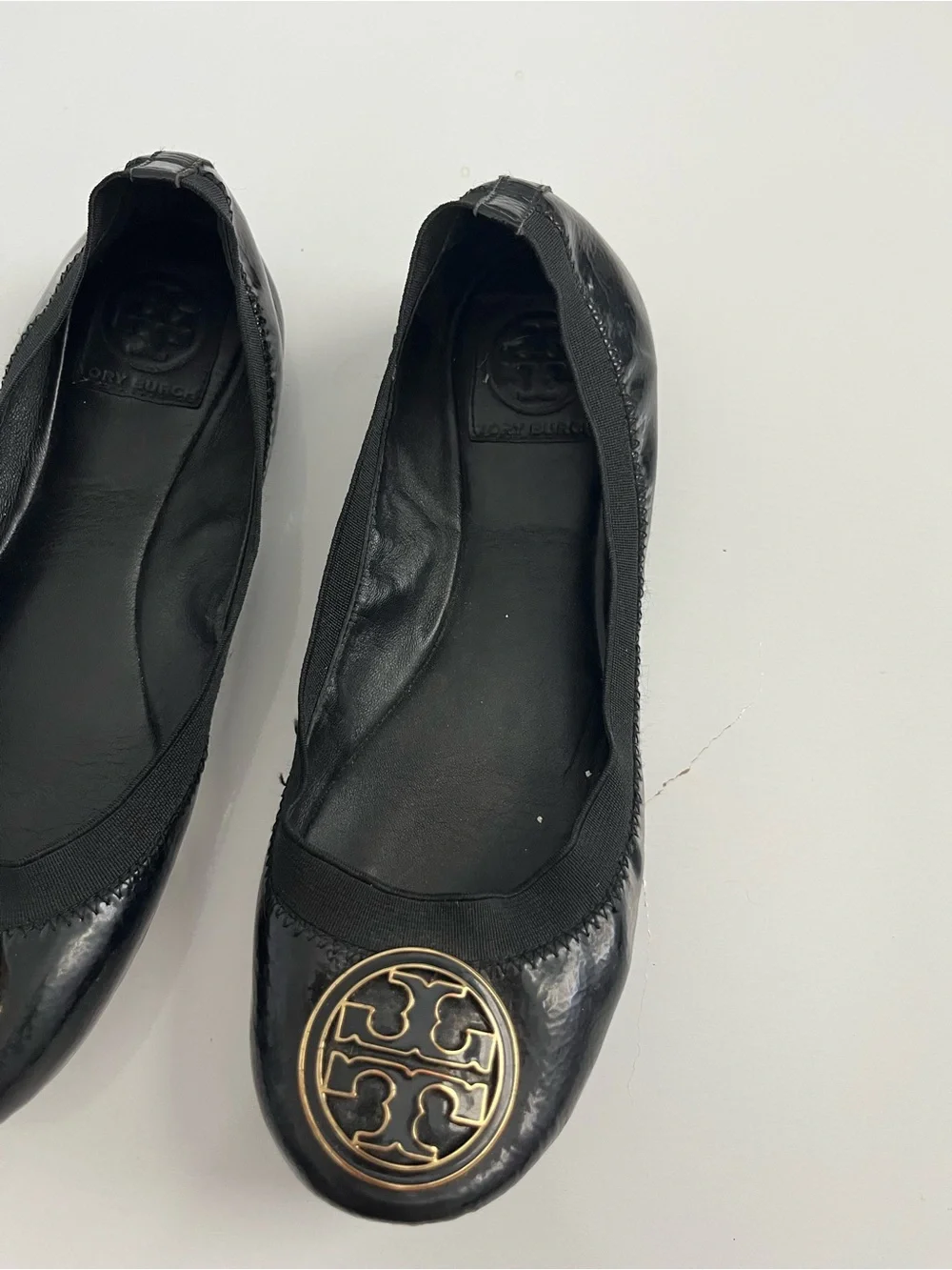 Tory Burch Black Patent Leather Logo Ballet Flats with Gold Emblem